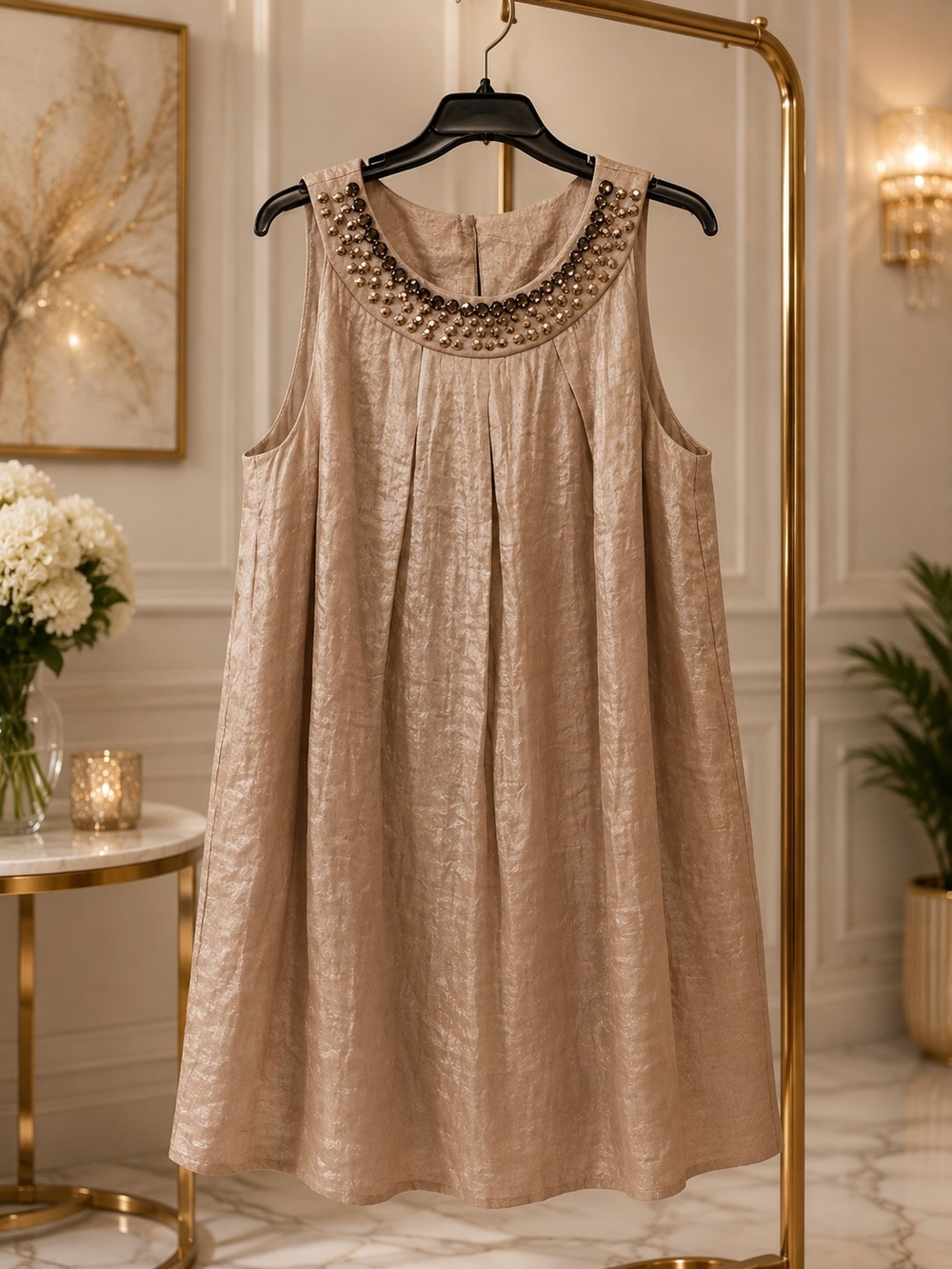 Scarlett Nite Metallic Beaded-Neck Mini Dress in Champagne
